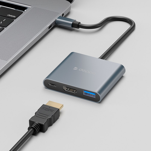 USB адаптер Deppa Type-C adapter Хаб 3в1 87 Вт (PD, USB3.0, HDMI) (Серый) - GorbTech
