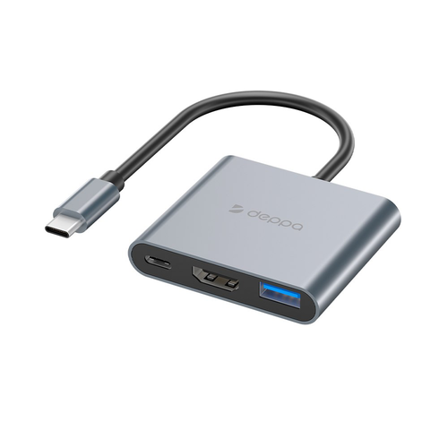 USB адаптер Deppa Type-C adapter Хаб 3в1 87 Вт (PD, USB3.0, HDMI) (Серый) - GorbTech