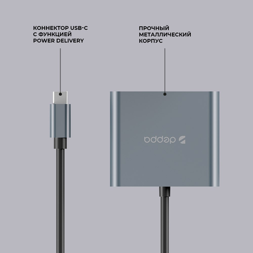 USB адаптер Deppa Type-C adapter Хаб 3в1 87 Вт (PD, USB3.0, HDMI) (Серый) - GorbTech